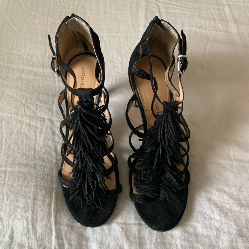 Antonio Melani Farris Black Suede Fringe Heels